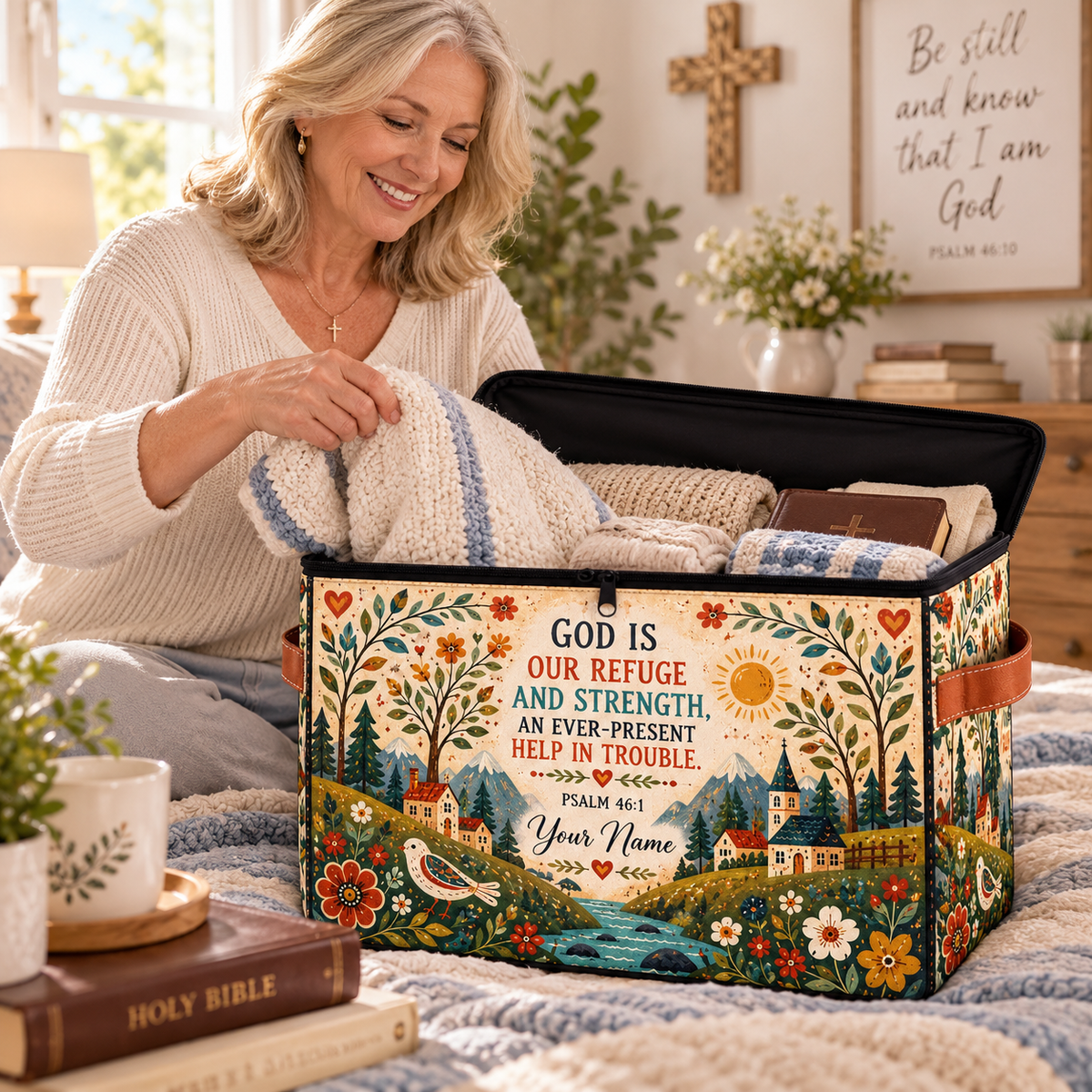 Folk Art Village Personalized Square Storage Basket With Lid