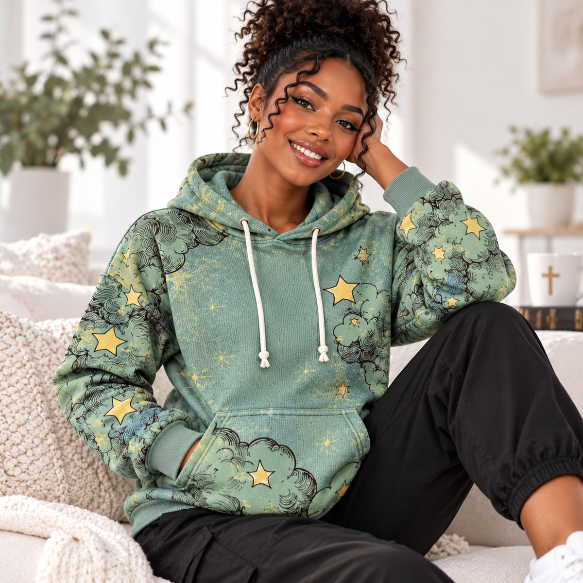 Sage Green Clouds and Stars Waffle Hoodie