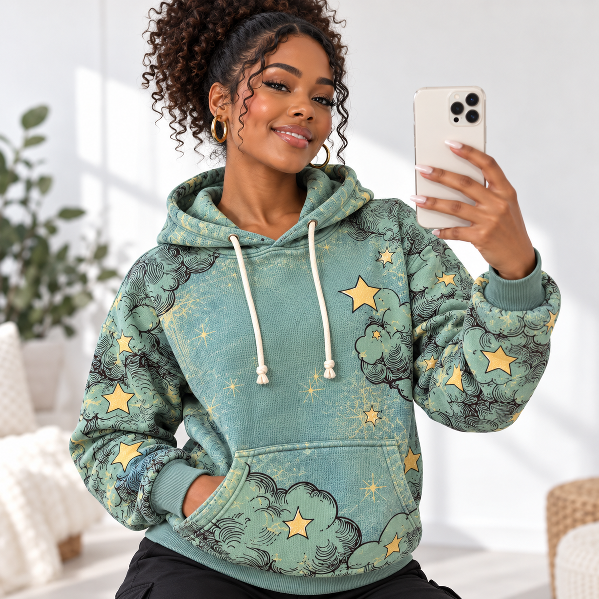 Sage Green Clouds and Stars Waffle Hoodie