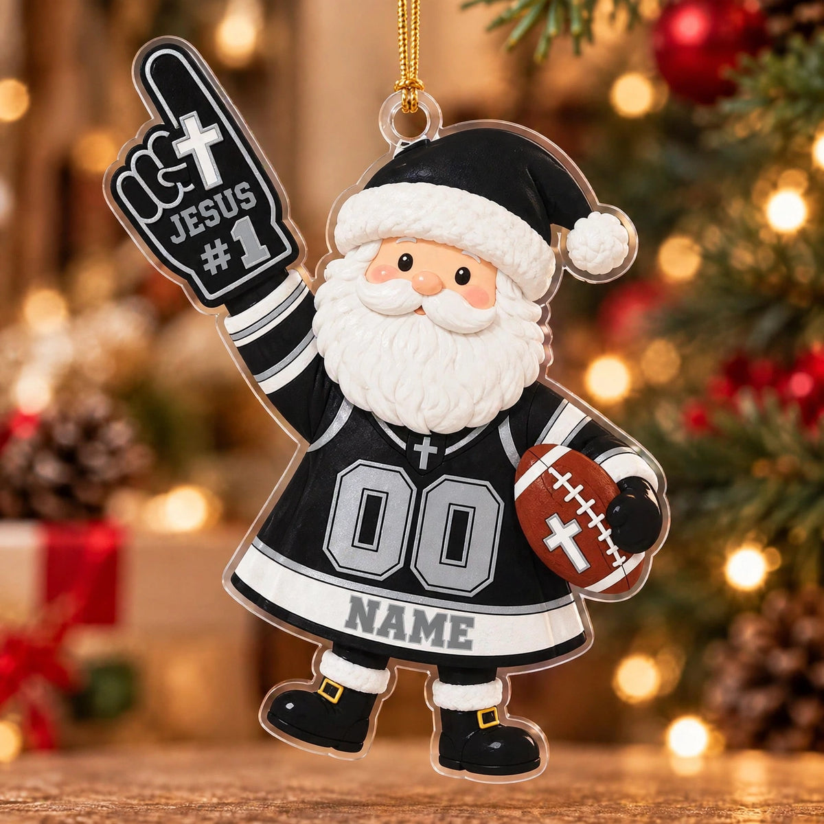 Jesus #1 Black Silver Football Santa Personalized Sports Ornament
