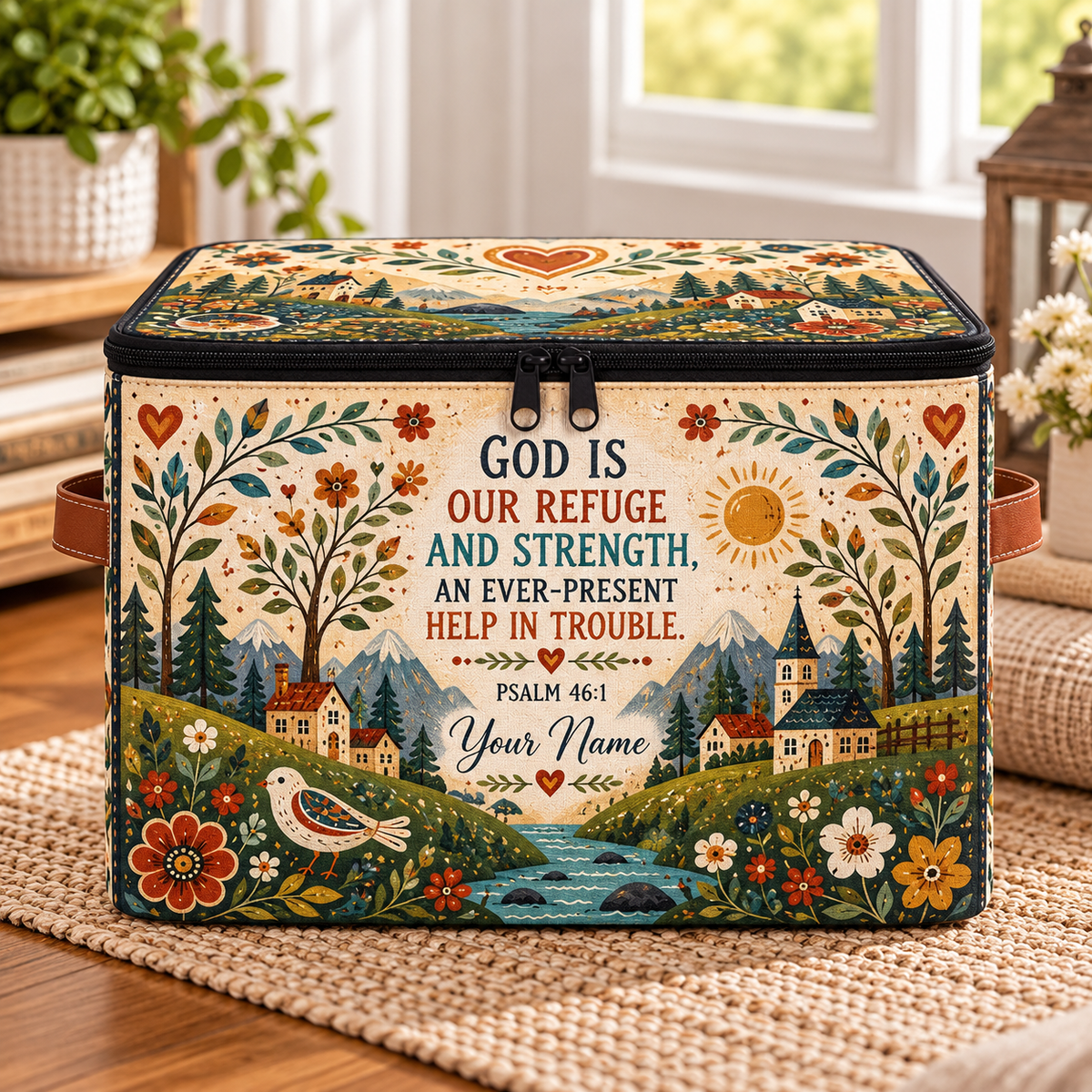 Folk Art Village Personalized Square Storage Basket With Lid
