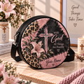 Pink Lily Cross Leopard Patchwork Personalized Leather Round Bag
