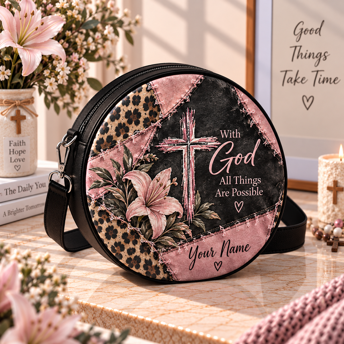 Pink Lily Cross Leopard Patchwork Personalized Leather Round Bag