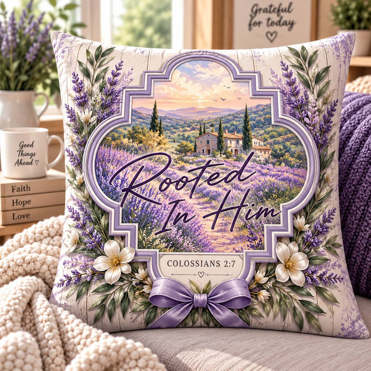 Rooted In Him Lavender Field Pillow