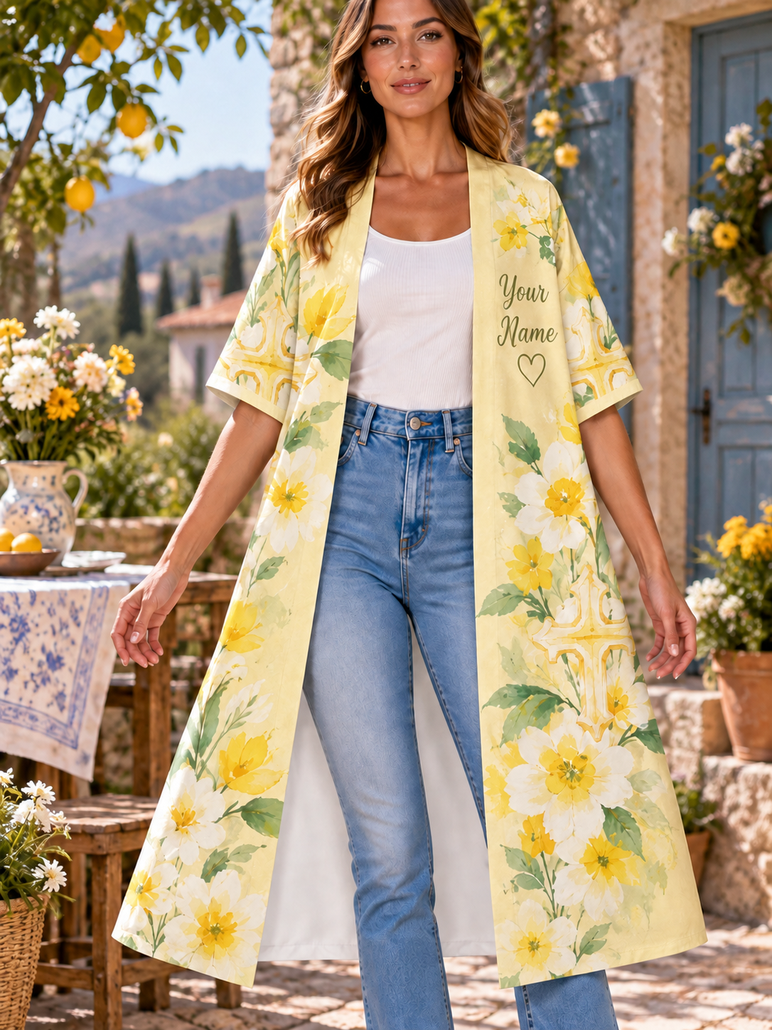 Yellow Daffodil Cross Personalized Women's Short Sleeved Cape