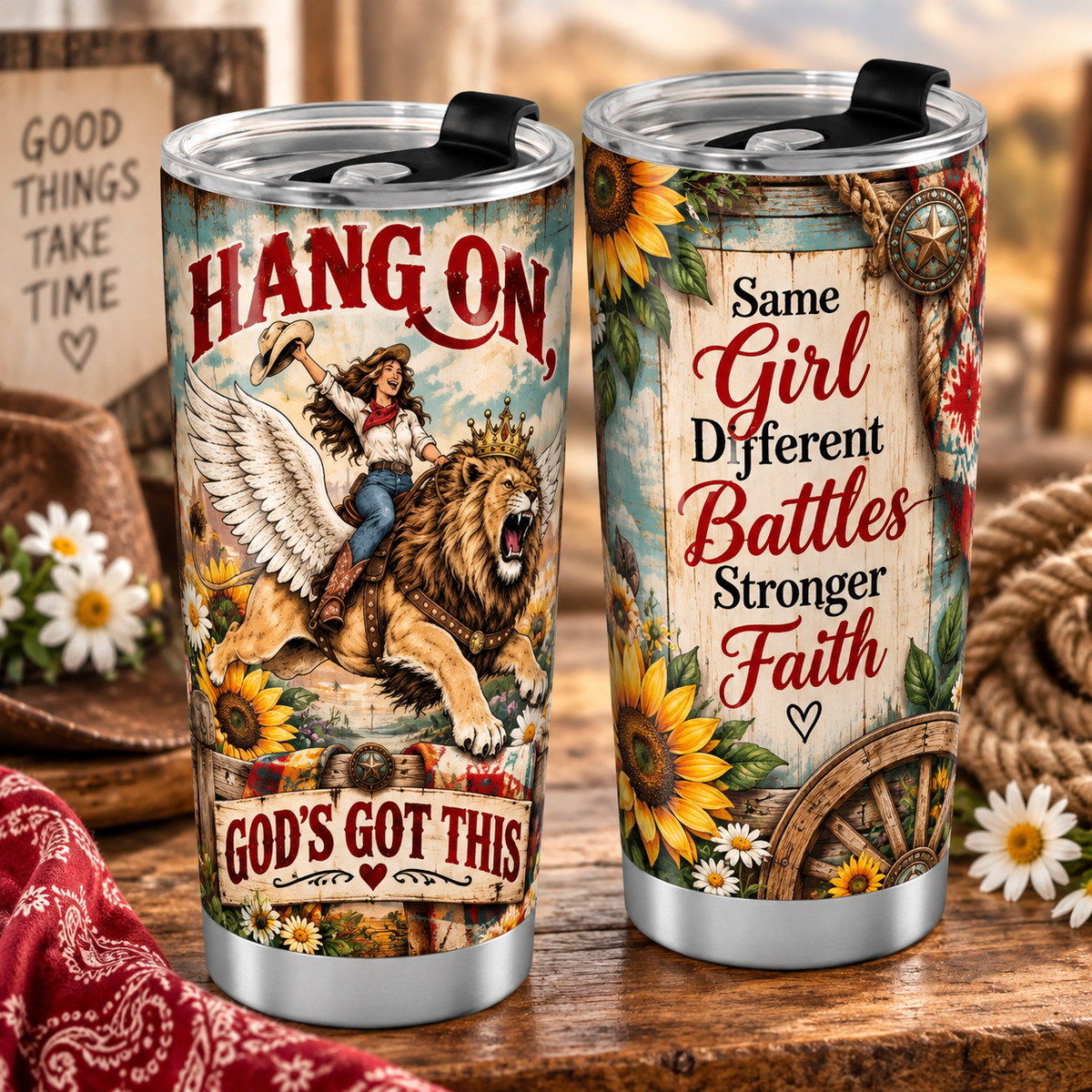 Hang On God's Got This Cowgirl Riding Winged Lion Normal Tumbler
