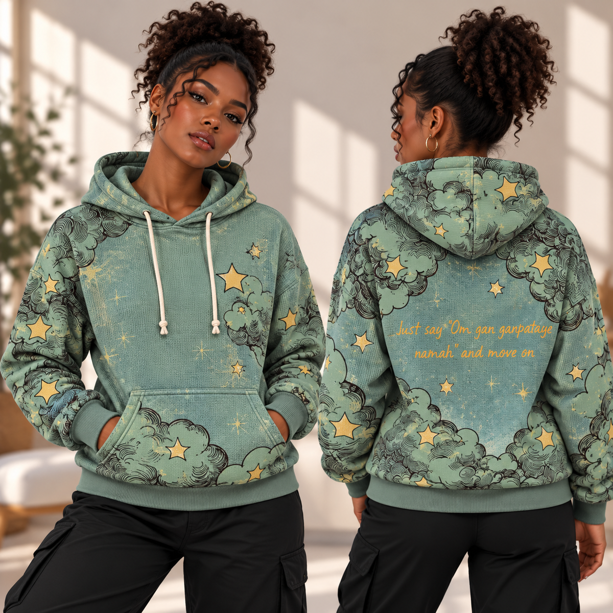 Sage Green Clouds and Stars Waffle Hoodie