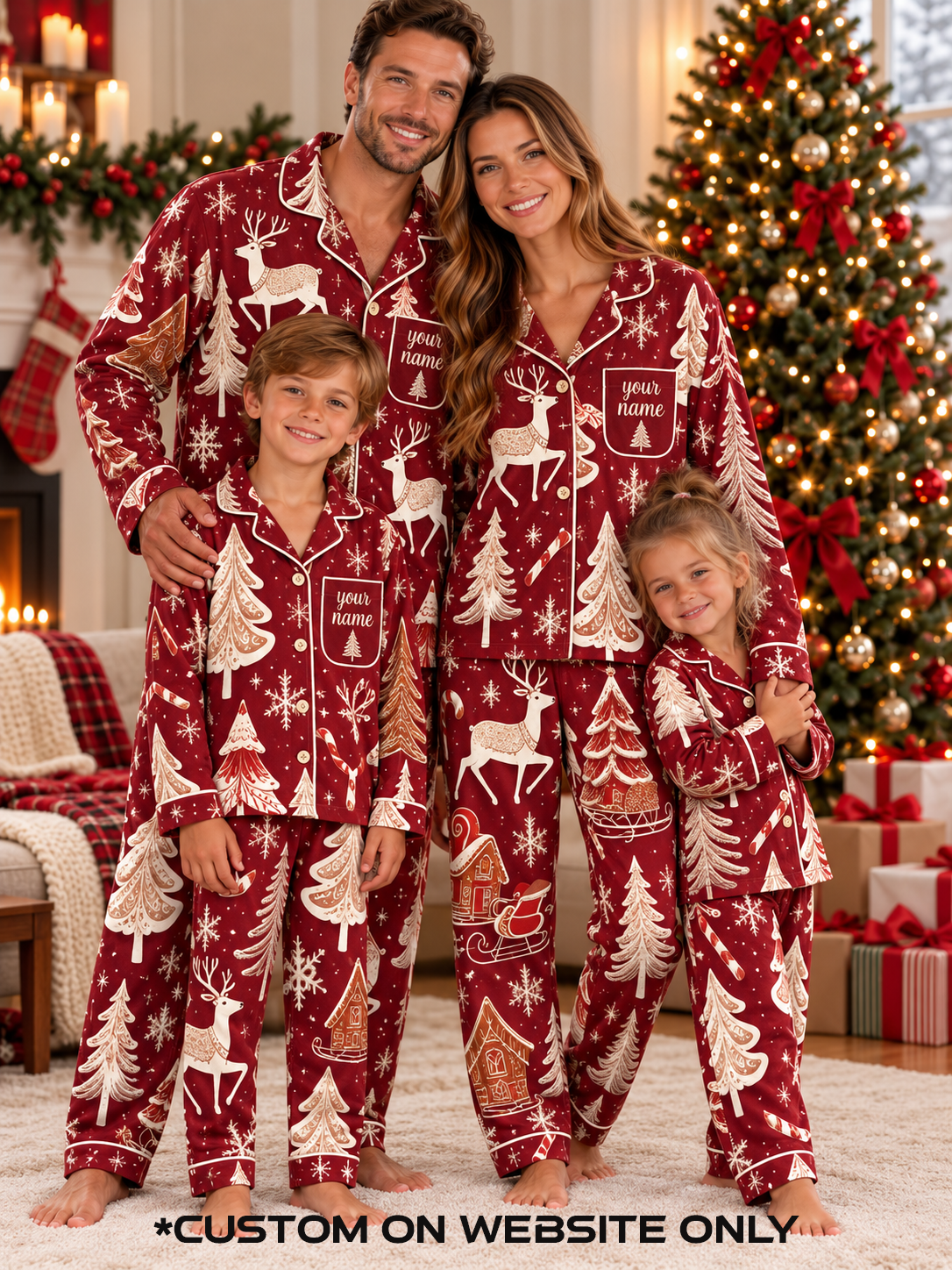 Burgundy Winter Reindeer Personalized Family Ice Silk Pajamas