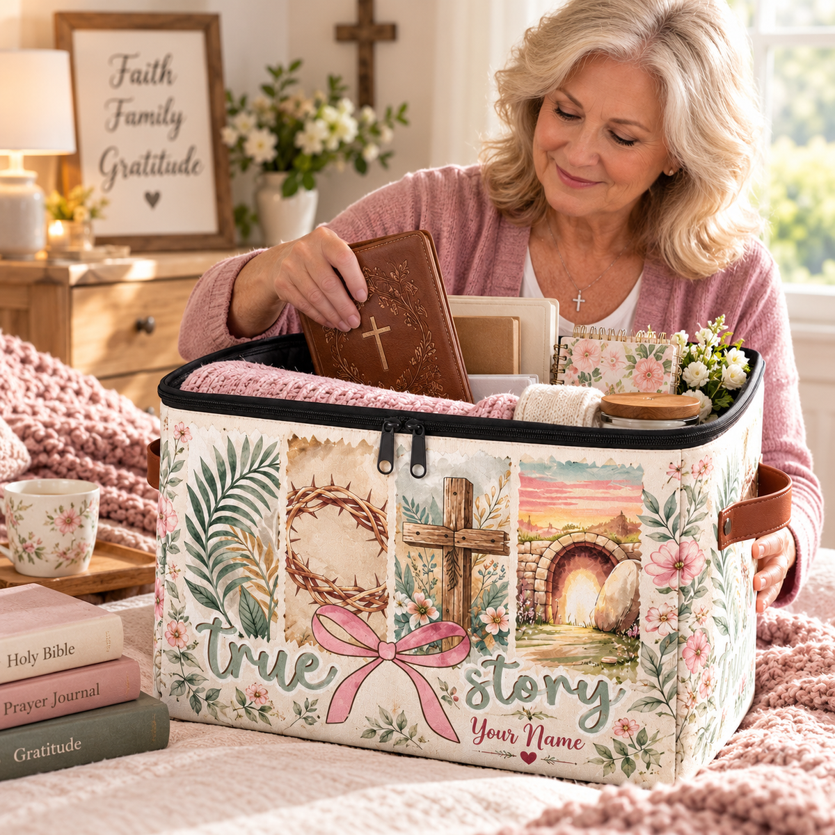 Pink Bow Botanical Collage Personalized Square Storage Basket With Lid