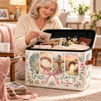 Pink Bow Botanical Collage Personalized Square Storage Basket With Lid
