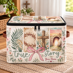 Pink Bow Botanical Collage Personalized Square Storage Basket With Lid