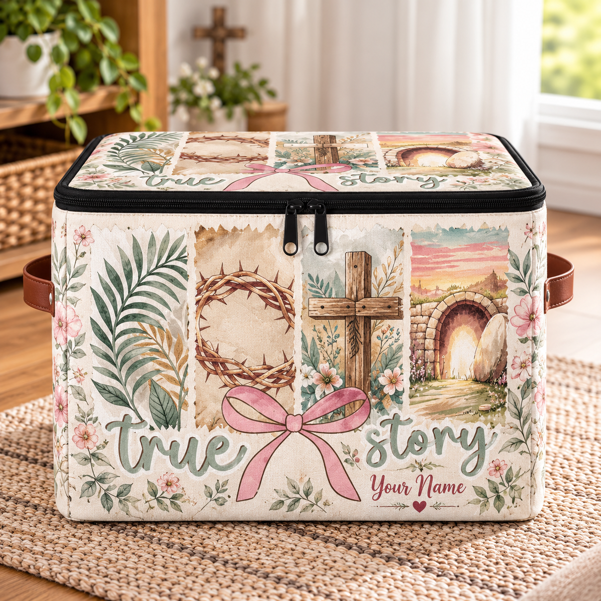 Pink Bow Botanical Collage Personalized Square Storage Basket With Lid
