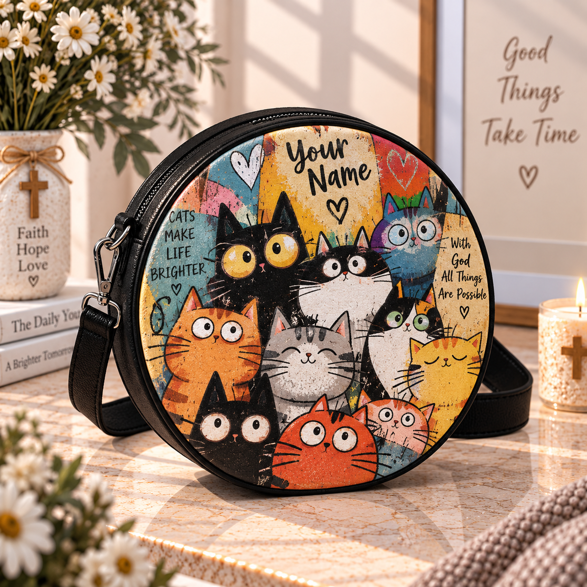 Colorful Cartoon Cats Personalized Leather Round Bag