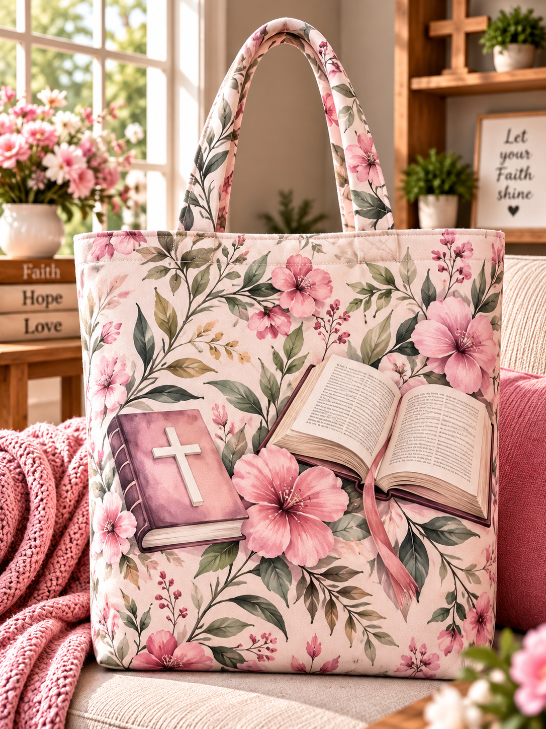 Pink cross Bible and open Bible with pink blossoms canvas tote bag