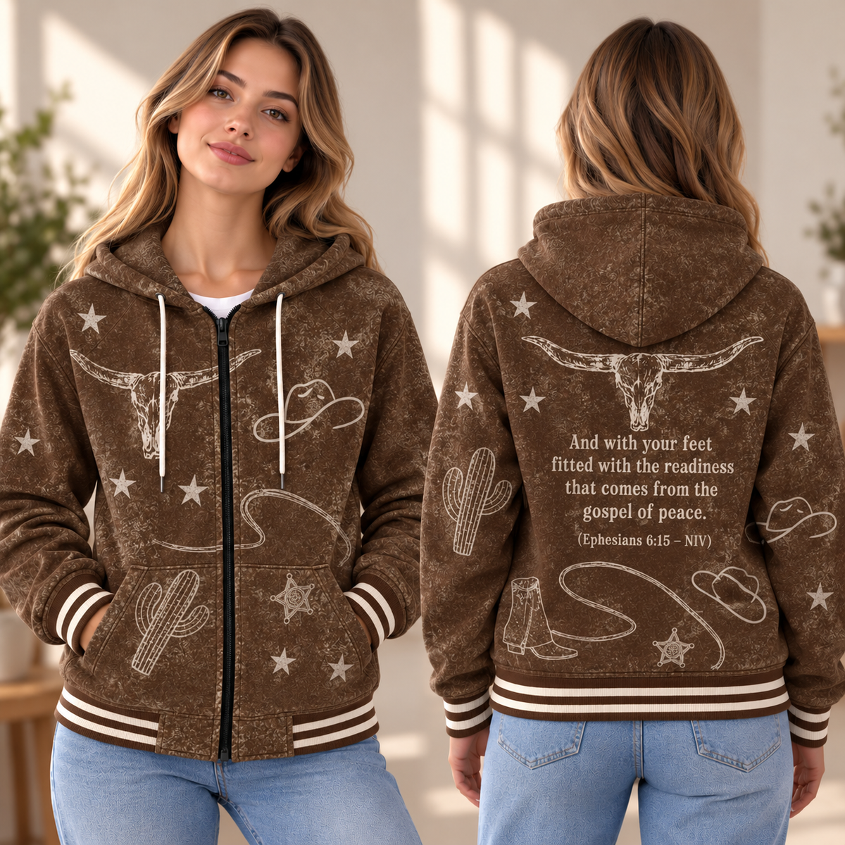 Brown Western Longhorn Zip-up Baseball Jacket