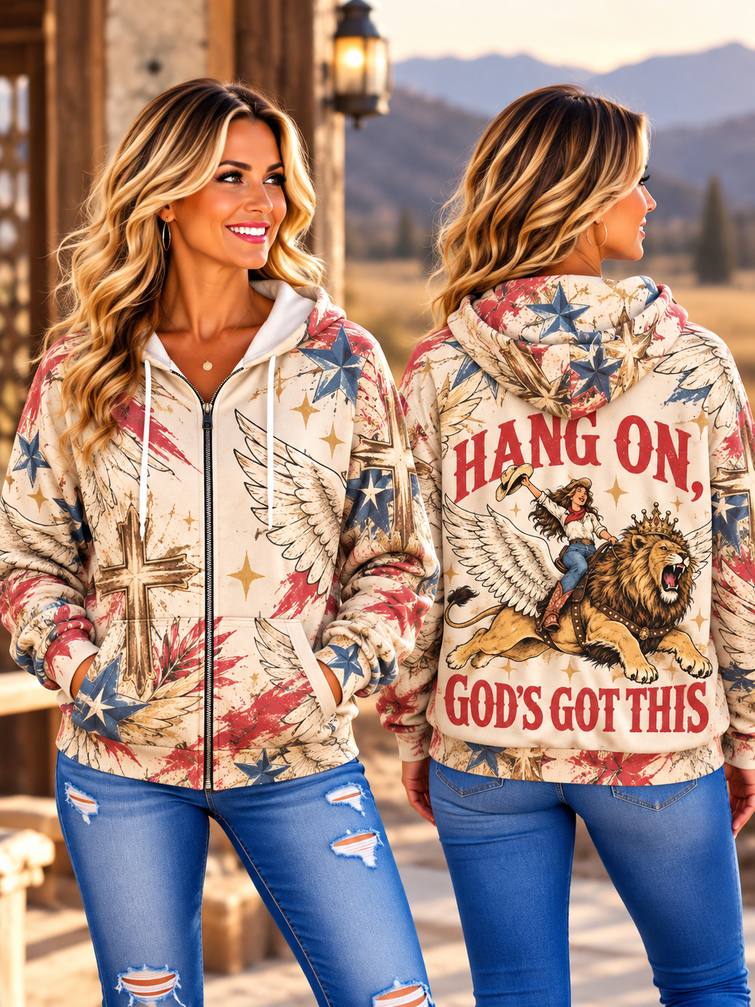 Front and back view of zip hoodie with a cross, stars, and a woman riding a winged lion beneath Hang On God's Got This