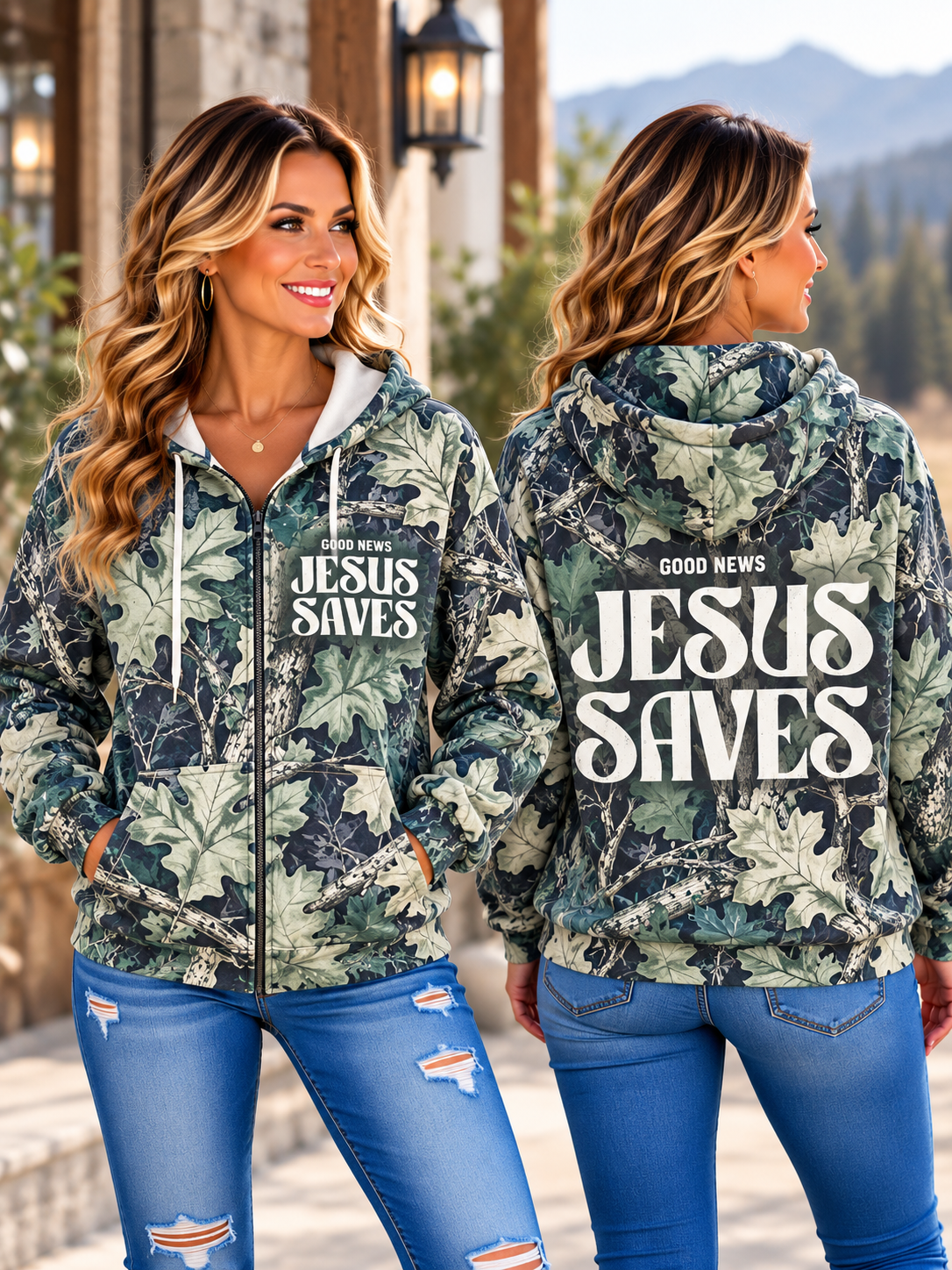 Front and back view of woodland camouflage zip hoodie with GOOD NEWS JESUS SAVES lettering