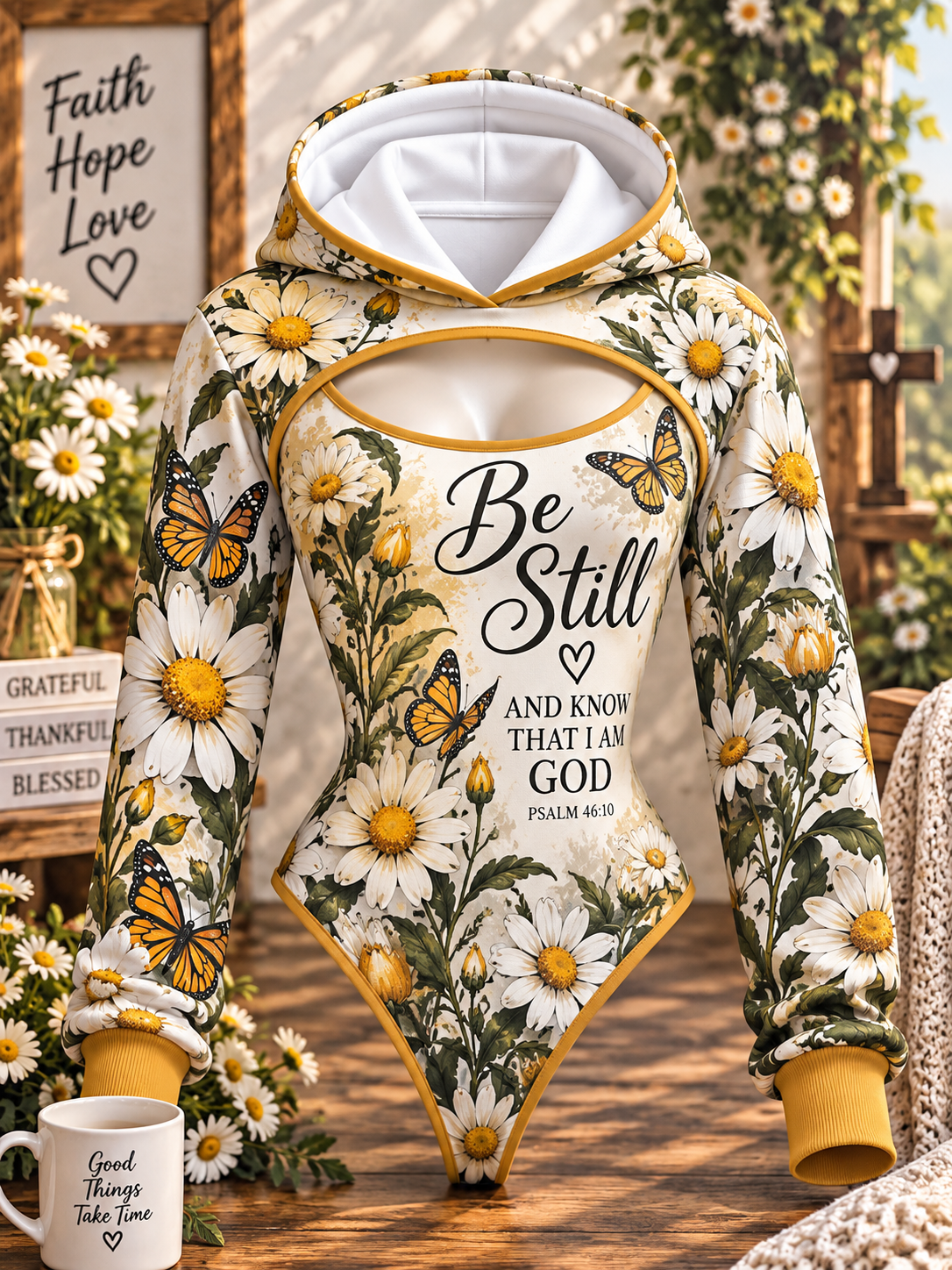 Be Still Ivory Daisy Monarch Hooded Jumpsuit