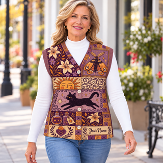 Black Cat Patchwork Personalized Knitted Cardigan Vest