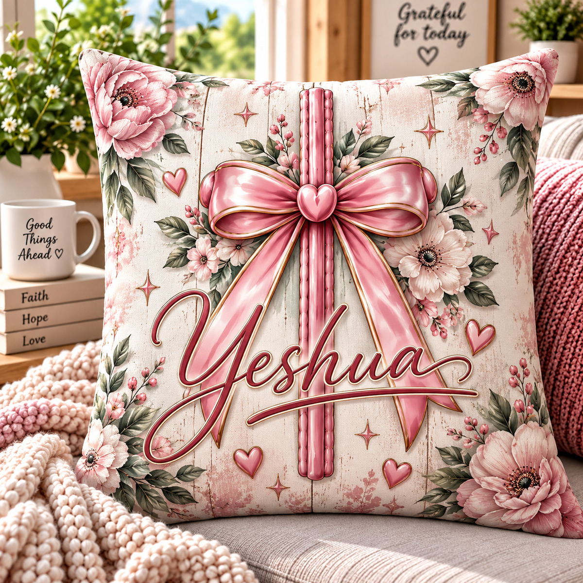 Yeshua Pink Bow Cross Floral Pillow