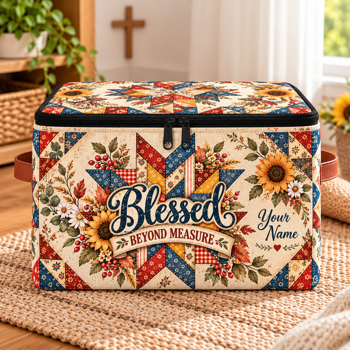 Sunflower Patchwork Personalized Square Storage Basket With Lid