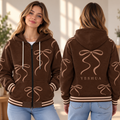Chocolate Brown Bow Zip-up Baseball Jacket