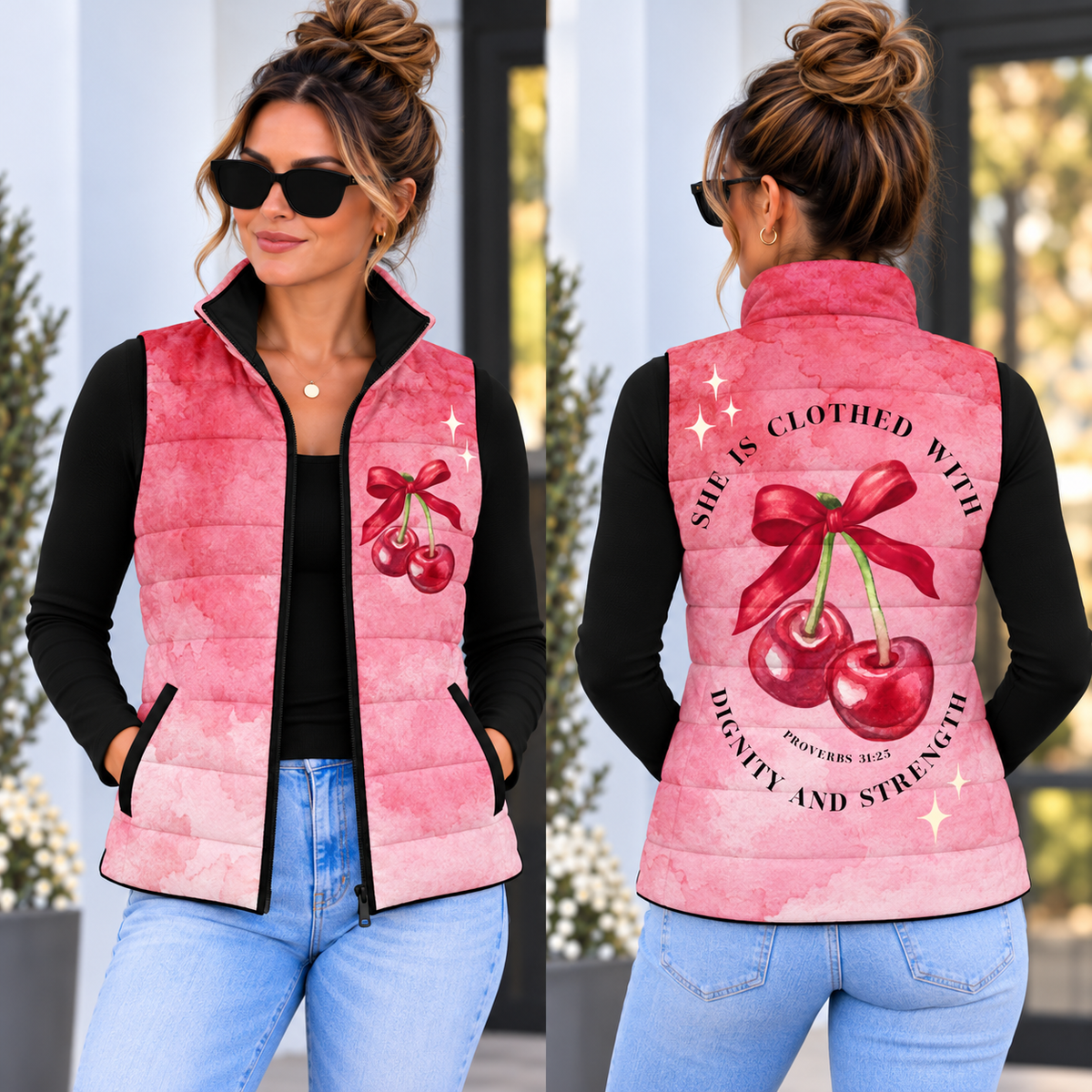 Pink Cherry Bow Down Puffer Vest