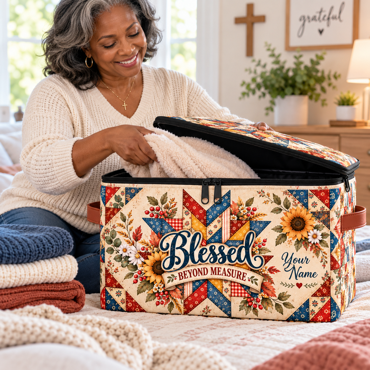 Sunflower Patchwork Personalized Square Storage Basket With Lid