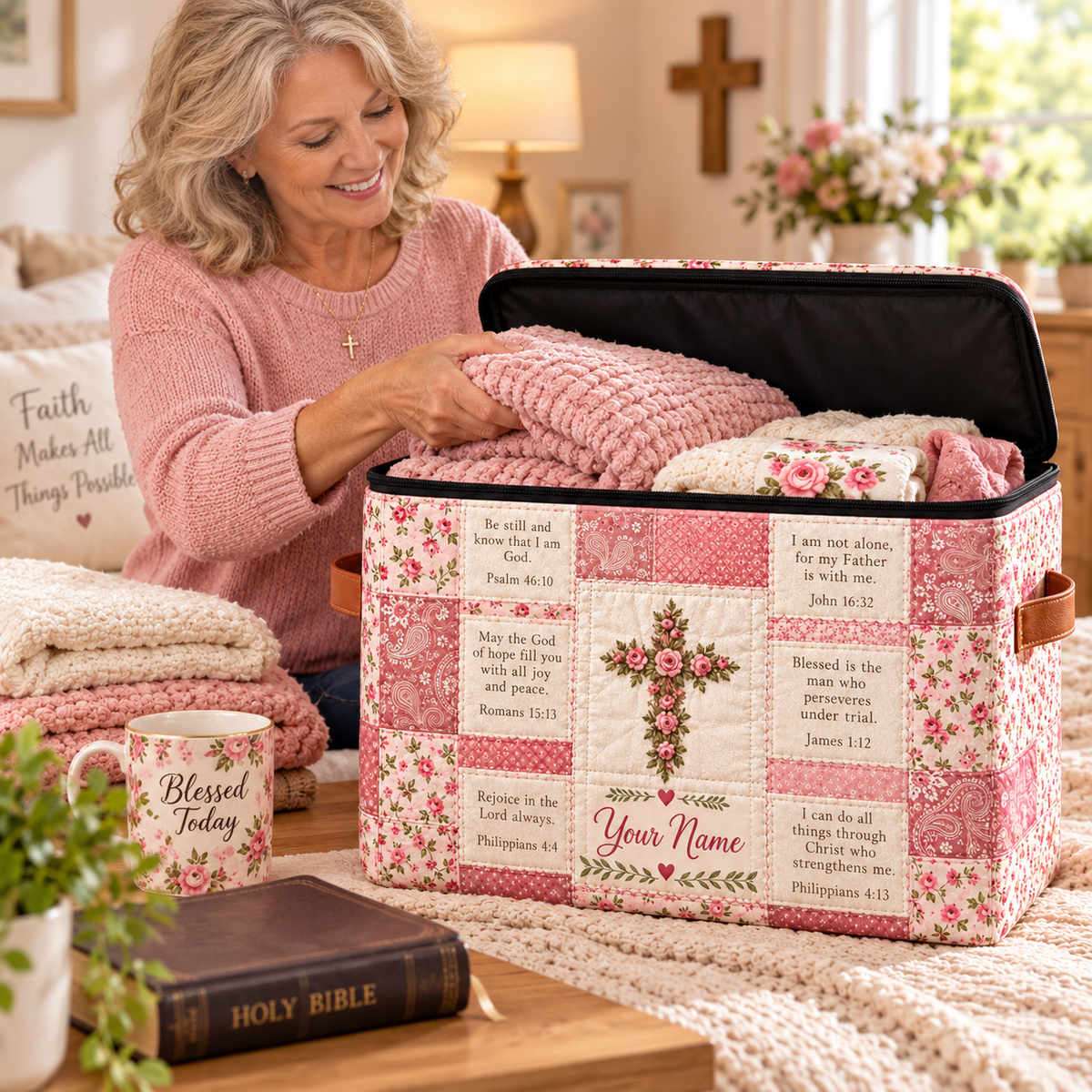 Pink Rose Patchwork Personalized Square Storage Basket With Lid