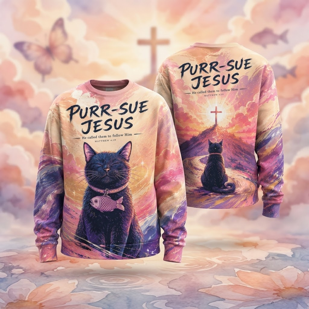 Purr-Sue Jesus Black Cat Matthew 4:19 Sweatshirt