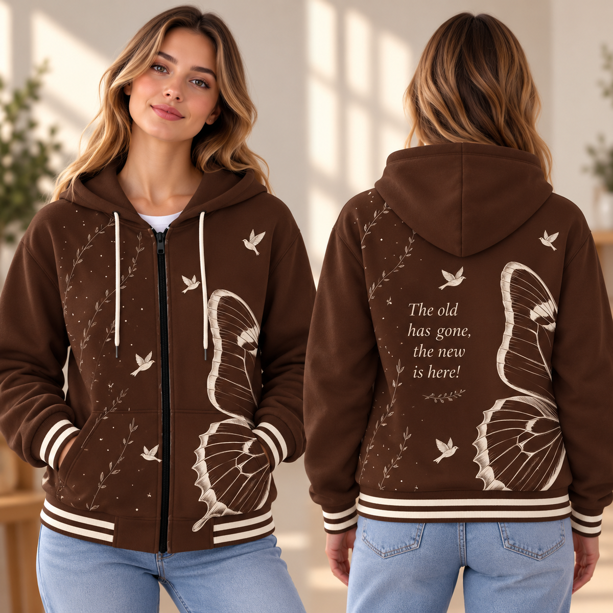 Brown Butterfly Wings Dove Zip-up Baseball Jacket