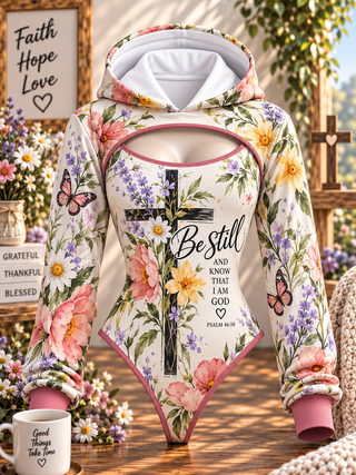Be Still Floral Cross Butterfly Hooded Jumpsuit