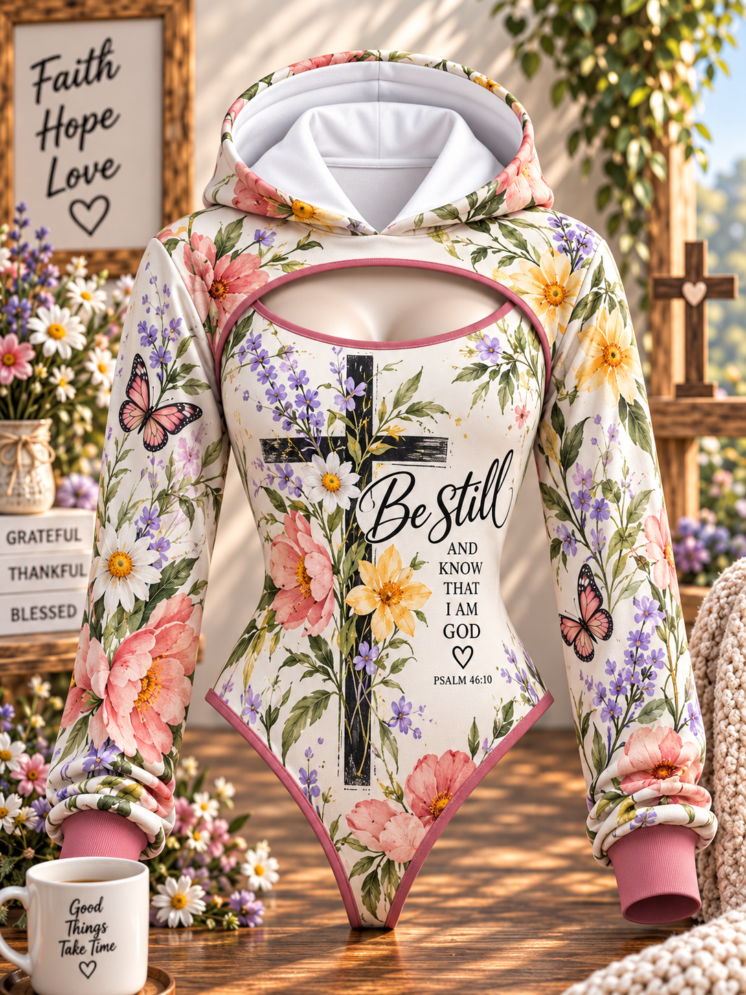 Be Still Floral Cross Butterfly Hooded Jumpsuit