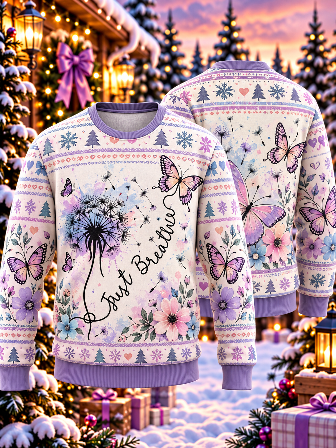 Just Breathe Floral Butterfly Ugly Sweater