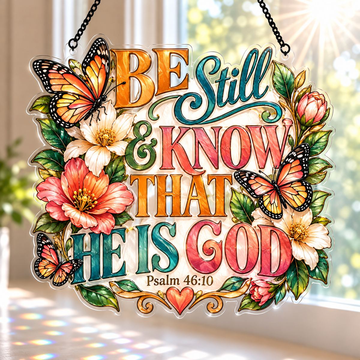 Be Still And Know Butterfly Floral Acrylic Suncatcher