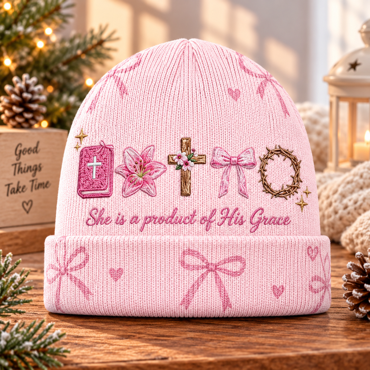 Pink Lily Bow Beanie Hat