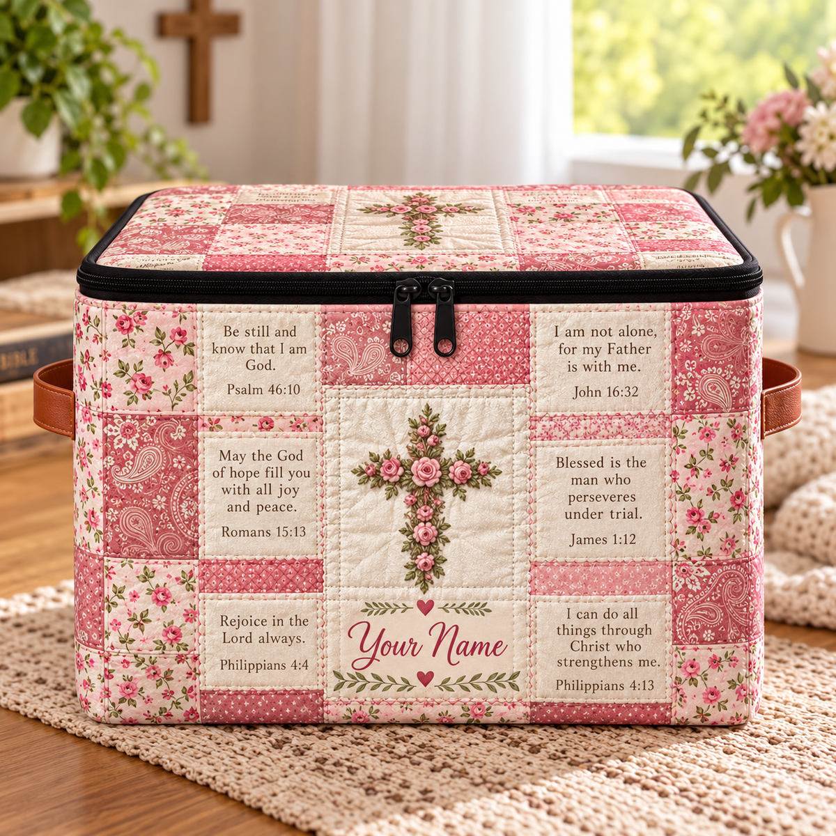Pink Rose Patchwork Personalized Square Storage Basket With Lid