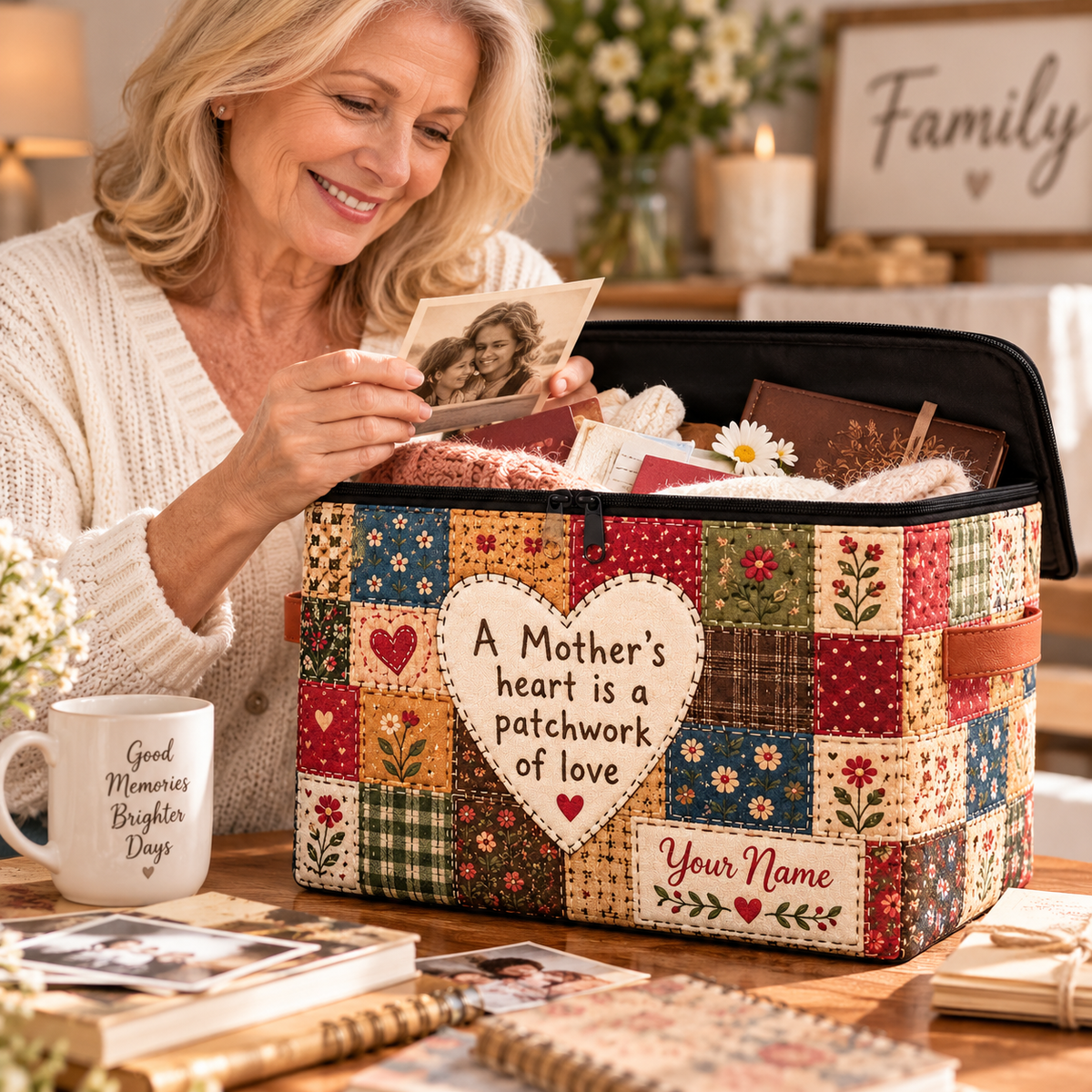 Mother's Heart Patchwork Personalized Square Storage Basket With Lid