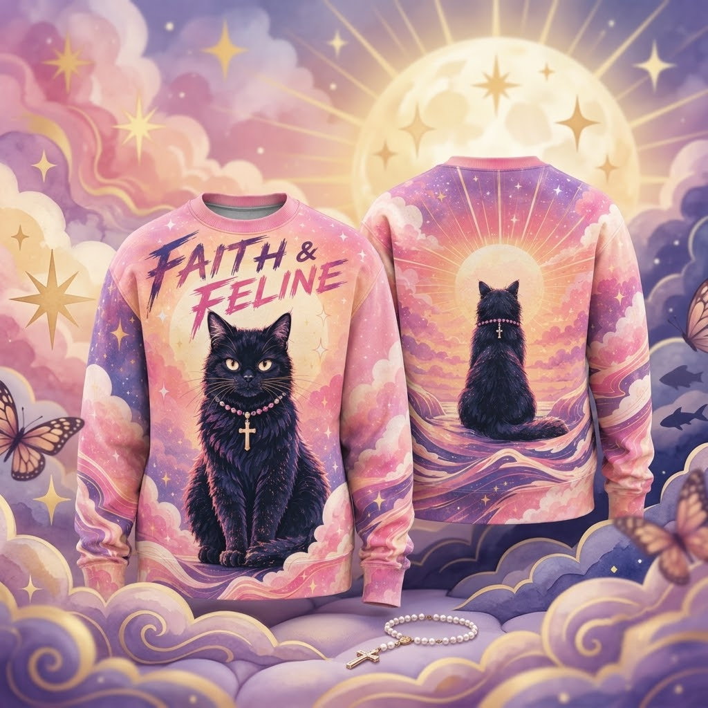 Faith And Feline Black Cat Cross Necklace Sweatshirt