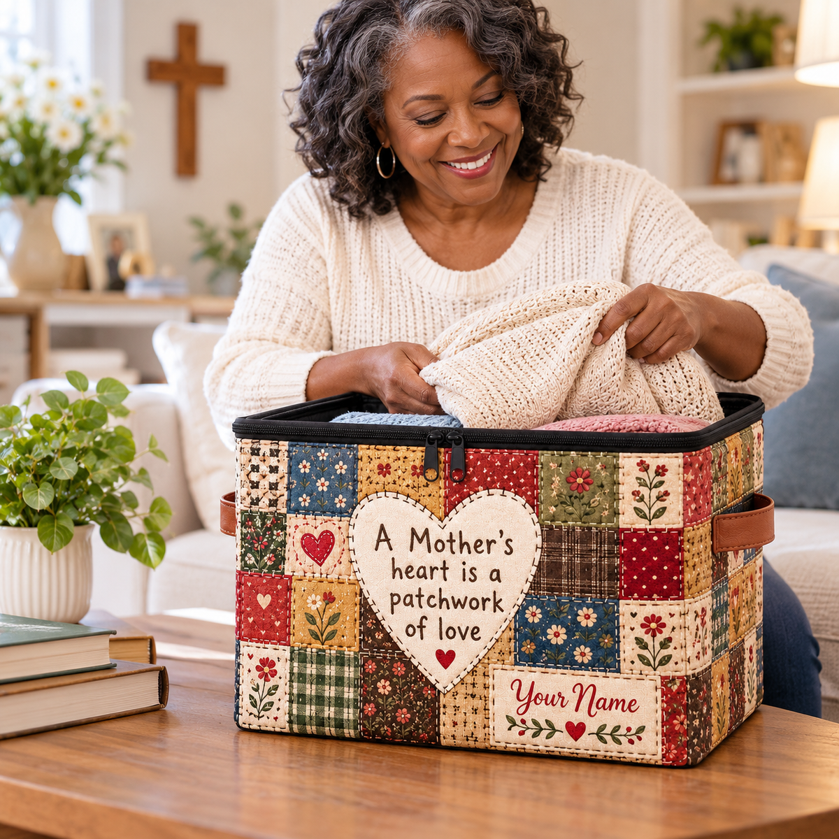 Mother's Heart Patchwork Personalized Square Storage Basket With Lid