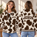 Brown Cream Cow Print Zip-up Baseball Jacket