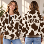 Brown Cream Cow Print Zip-up Baseball Jacket