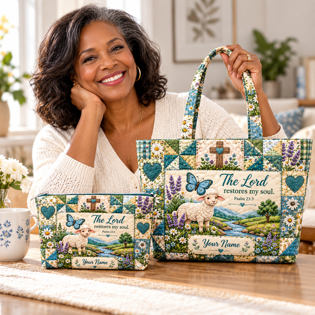 Meadow Lamb & Butterfly Personalized Quilted Shoulder Bag & Storage Bag