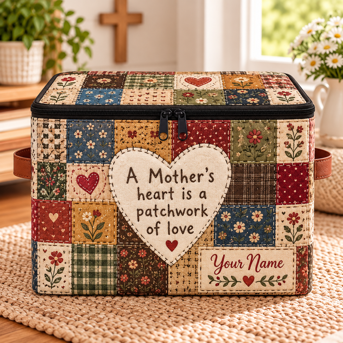 Mother's Heart Patchwork Personalized Square Storage Basket With Lid