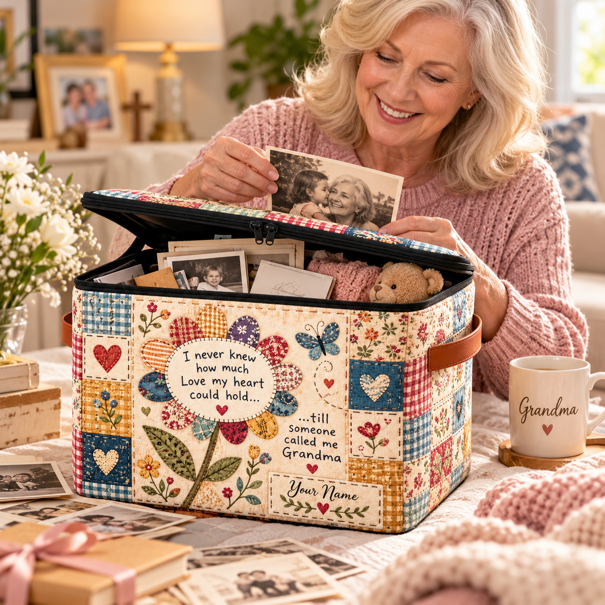Grandma Flower Patchwork Personalized Square Storage Basket With Lid