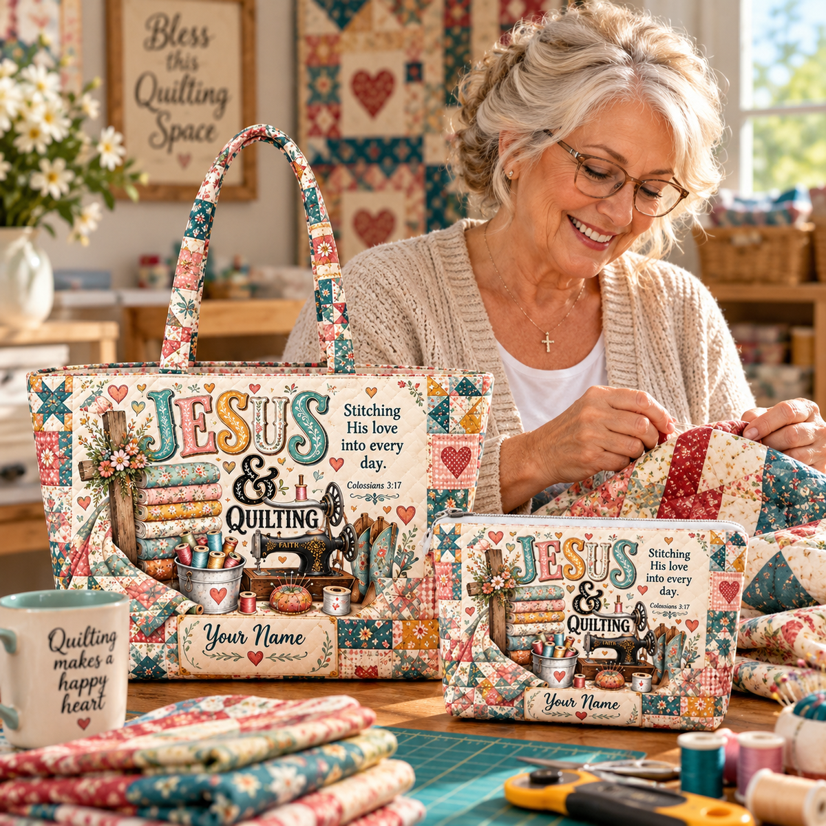 Vintage Sewing & Quilting Personalized Quilted Shoulder Bag & Storage Bag