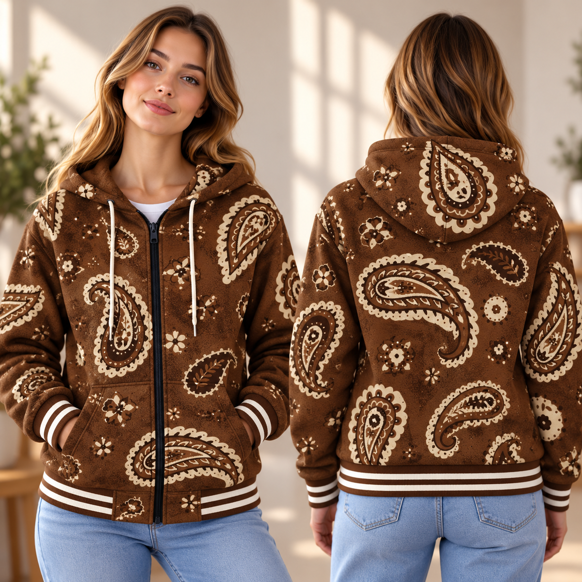 Brown Paisley Floral Zip-up Baseball Jacket