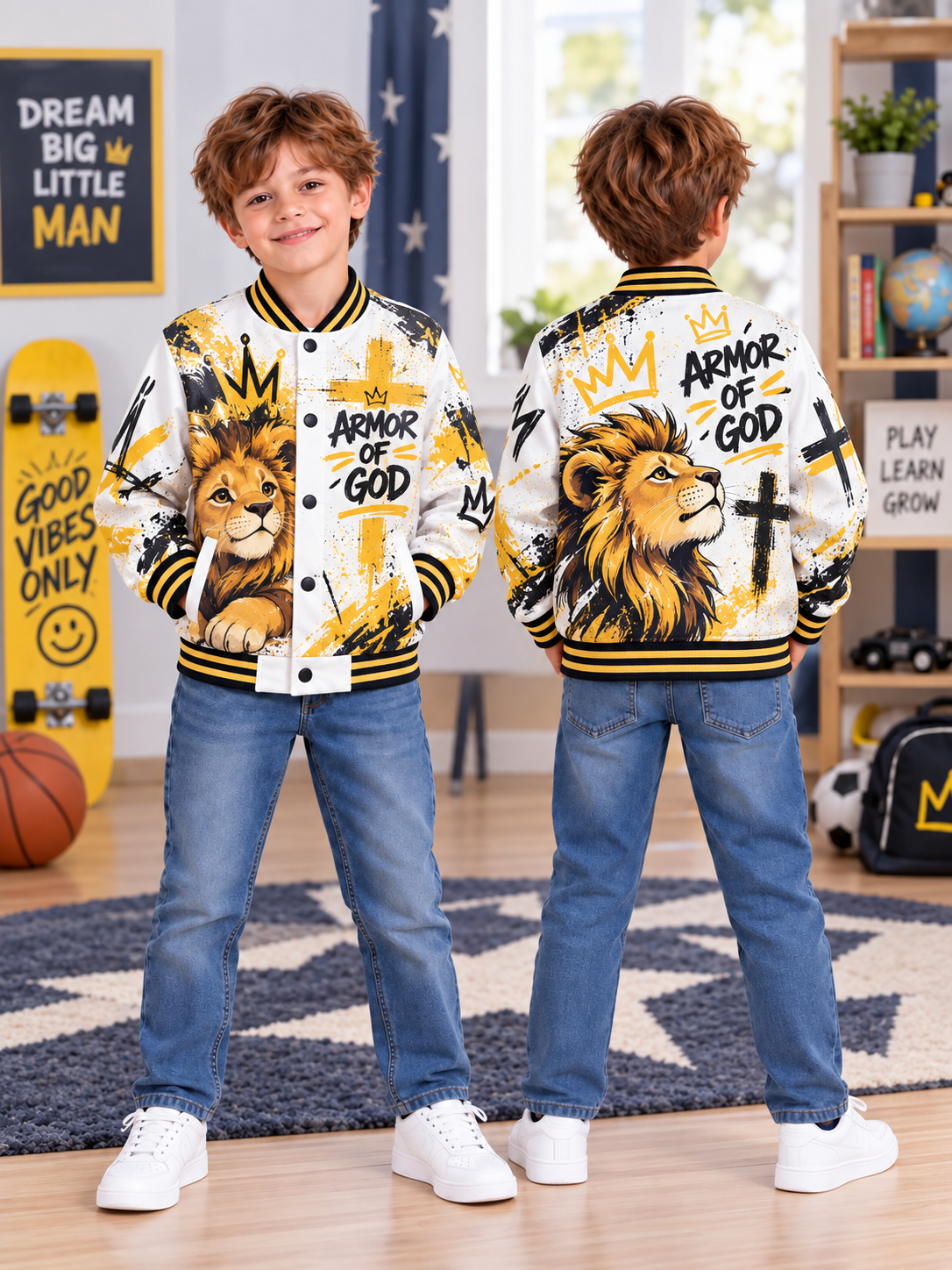 Armor Of God Crowned Lion Kids Baseball Jacket