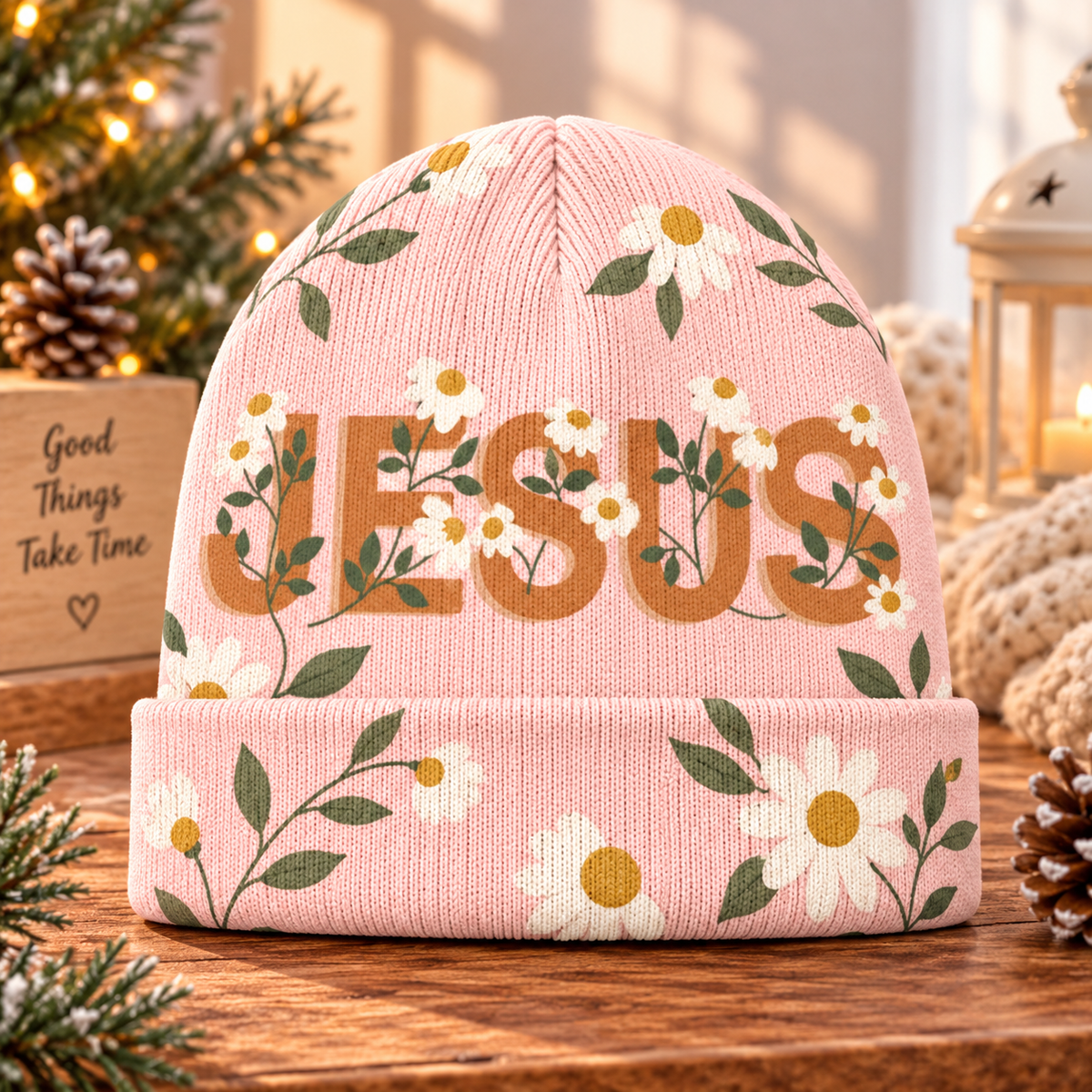 Pink Daisy Beanie Hat