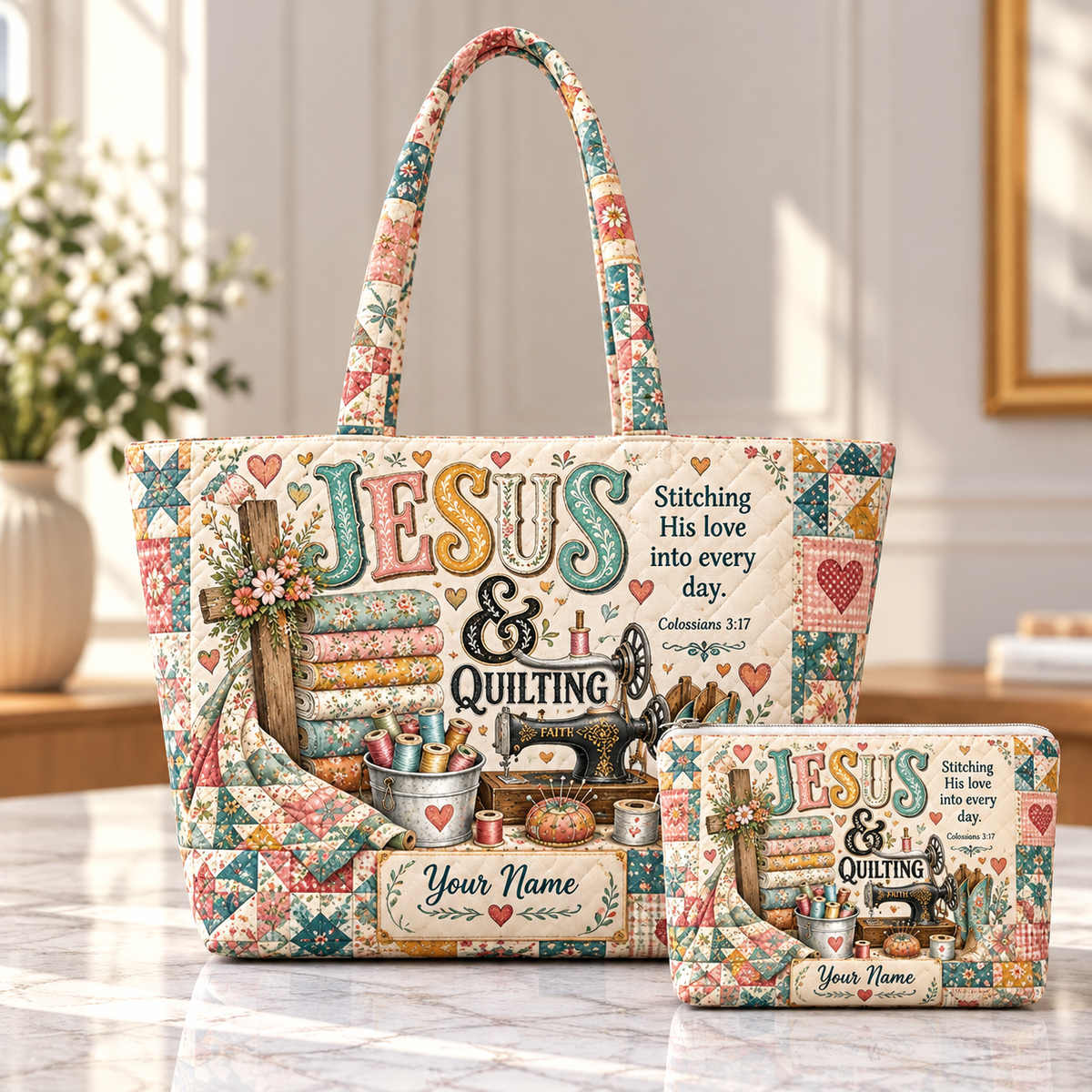 Vintage Sewing & Quilting Personalized Quilted Shoulder Bag & Storage Bag